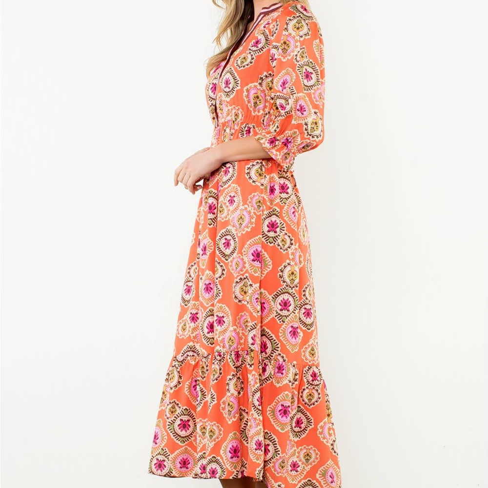3/4 Sleeve Print Maxi Dress