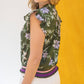 Olive Stripe Ribbed Band Floral Print and Embroidered Top