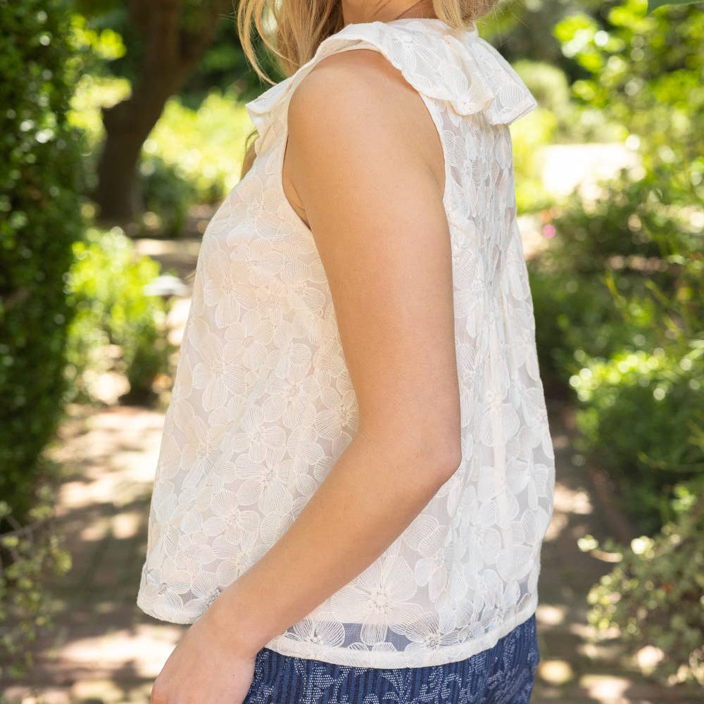 Ivory Sleeveless Ruffled V-Neck Floral Lace Top