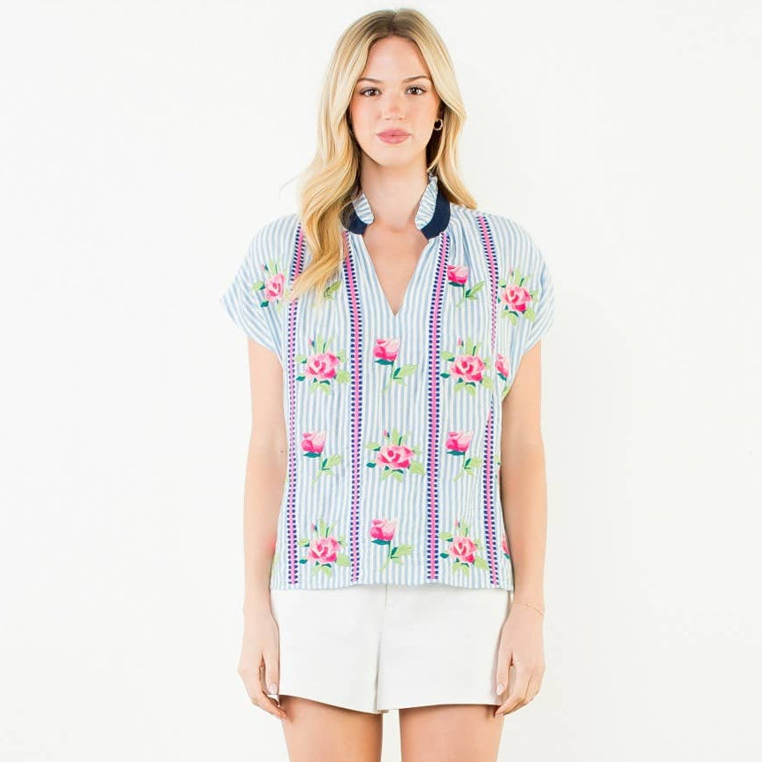 Embroidered Stripe V-Neck Top