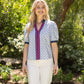 Blue Stripe Placket Embroidered Detail Stripe Top