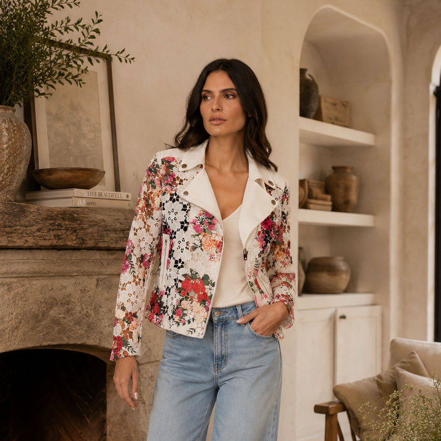 Printed Floral Lace Moto Jacket with Denim Trim