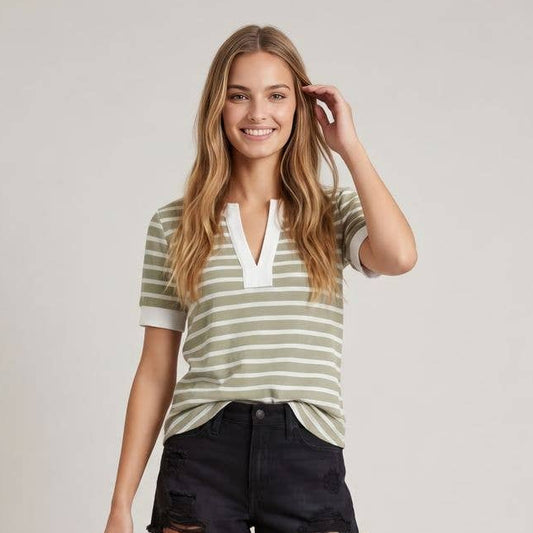 Split V-Neck Striped Short Sleeve Top