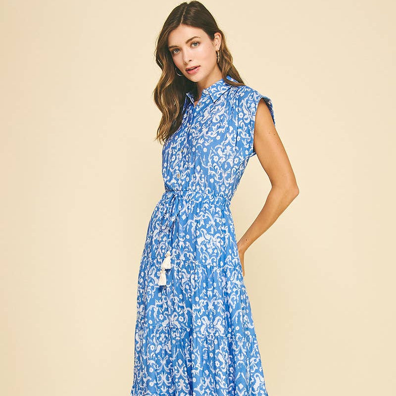 Damask Print Tiered Maxi Dress with Tassel Tie