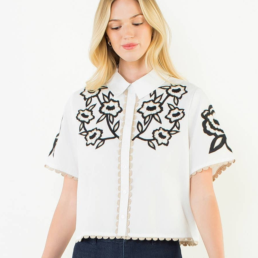 Collared Button Up Embroidery Top