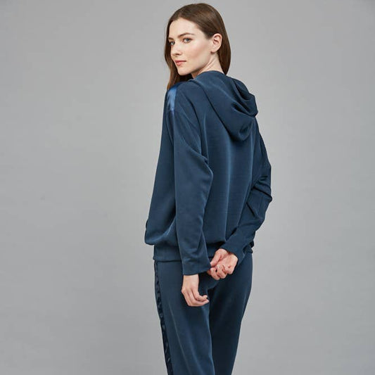 Contrast Satin Trim Detail Hooded Sweatshirt