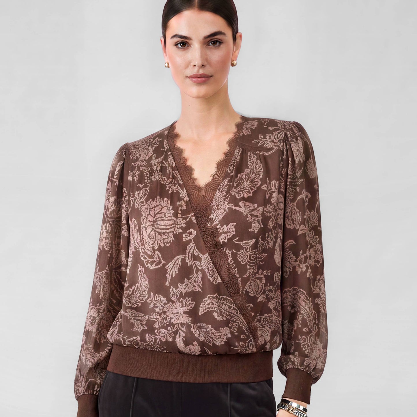 Floral Printed Lace Surplice Top