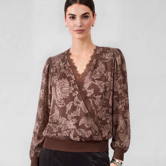 Floral Printed Lace Surplice Top