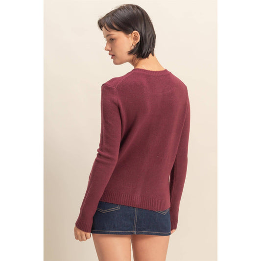 Crew Neck Long Sleeve Buttoned Cardigan: DARK CHERRY