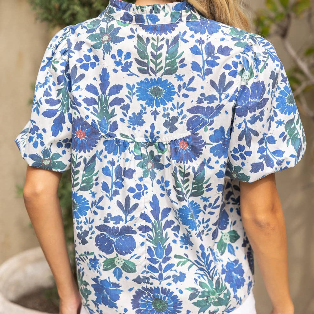 Quarter Button Round Yoke V-Neck Floral Print Top
