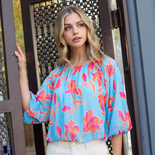 Blue Puff Sleeve Flowy Flower Blouse