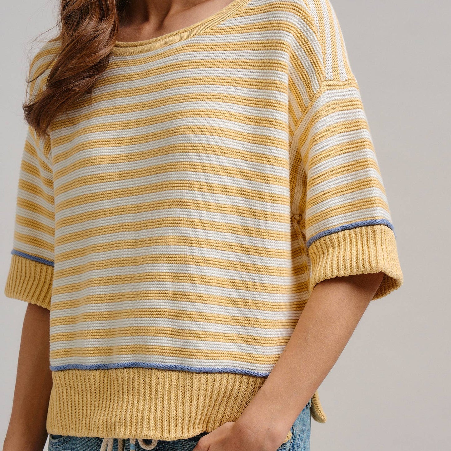 Yellow Striped Contrast Trim Sweater Tee