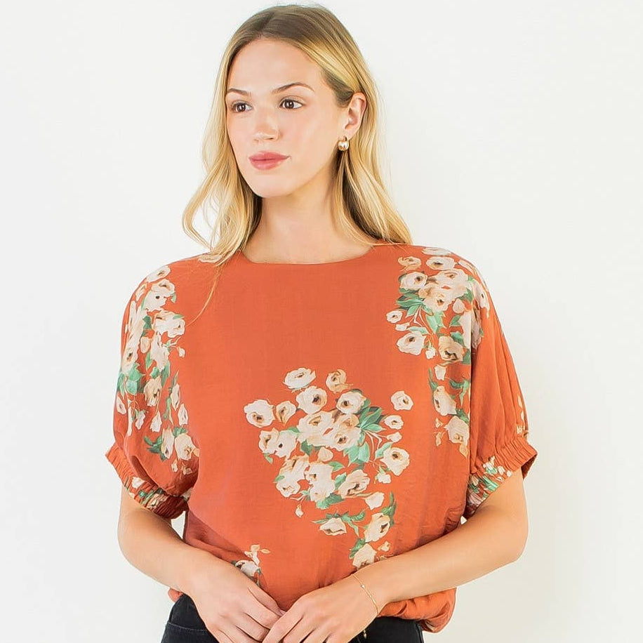 Orange Short Sleeve Loose Floral Top