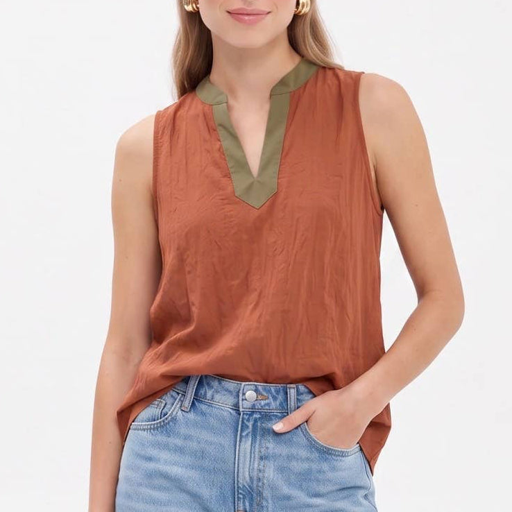 Contrast Trim Split Neck Sleeveless Top