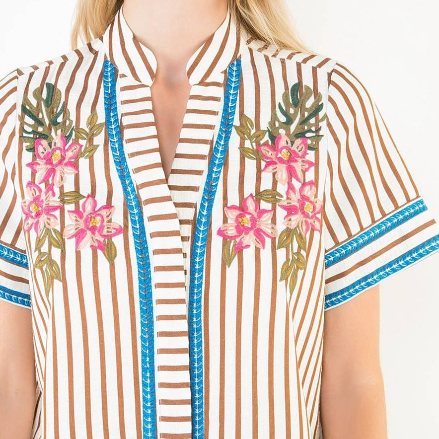 Striped Floral Embroidery Top