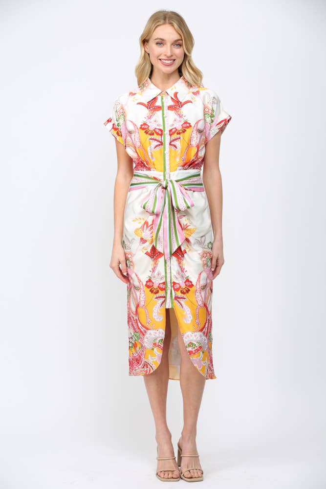 BOTANIC SCARF PRINT SELF TIE WAIST BUTTON DOWN DRESS