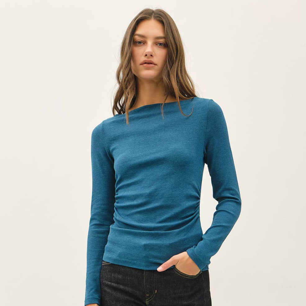Modal Ribbed Boat Neck Shirred Waist Top