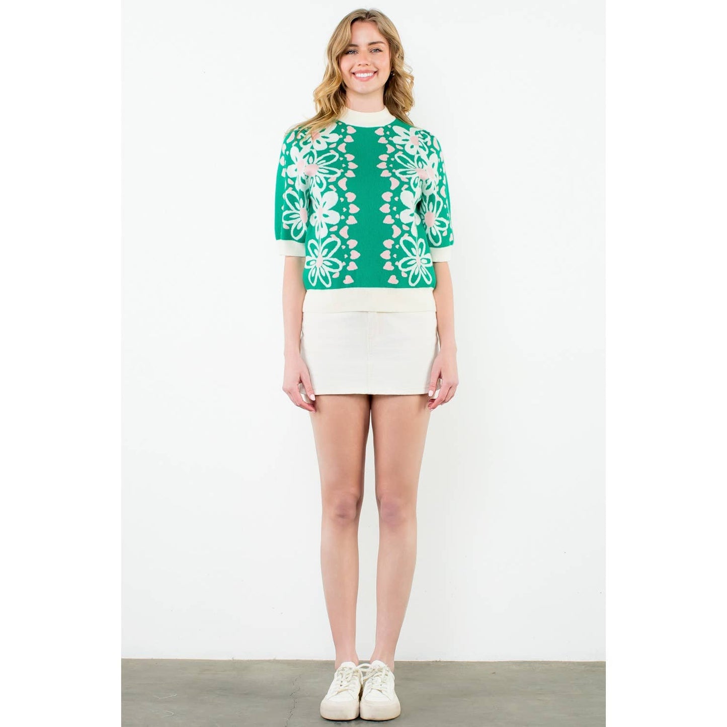 Flower Knit Sweater Top: GREEN / XS