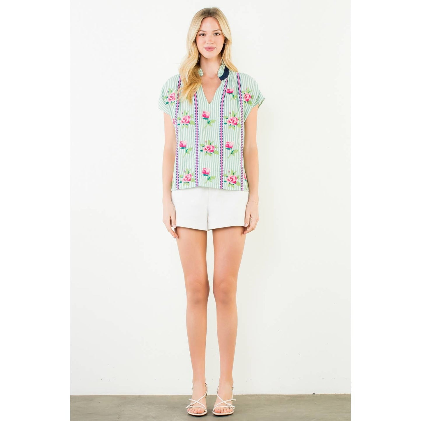 Embroidered Stripe V-Neck Top