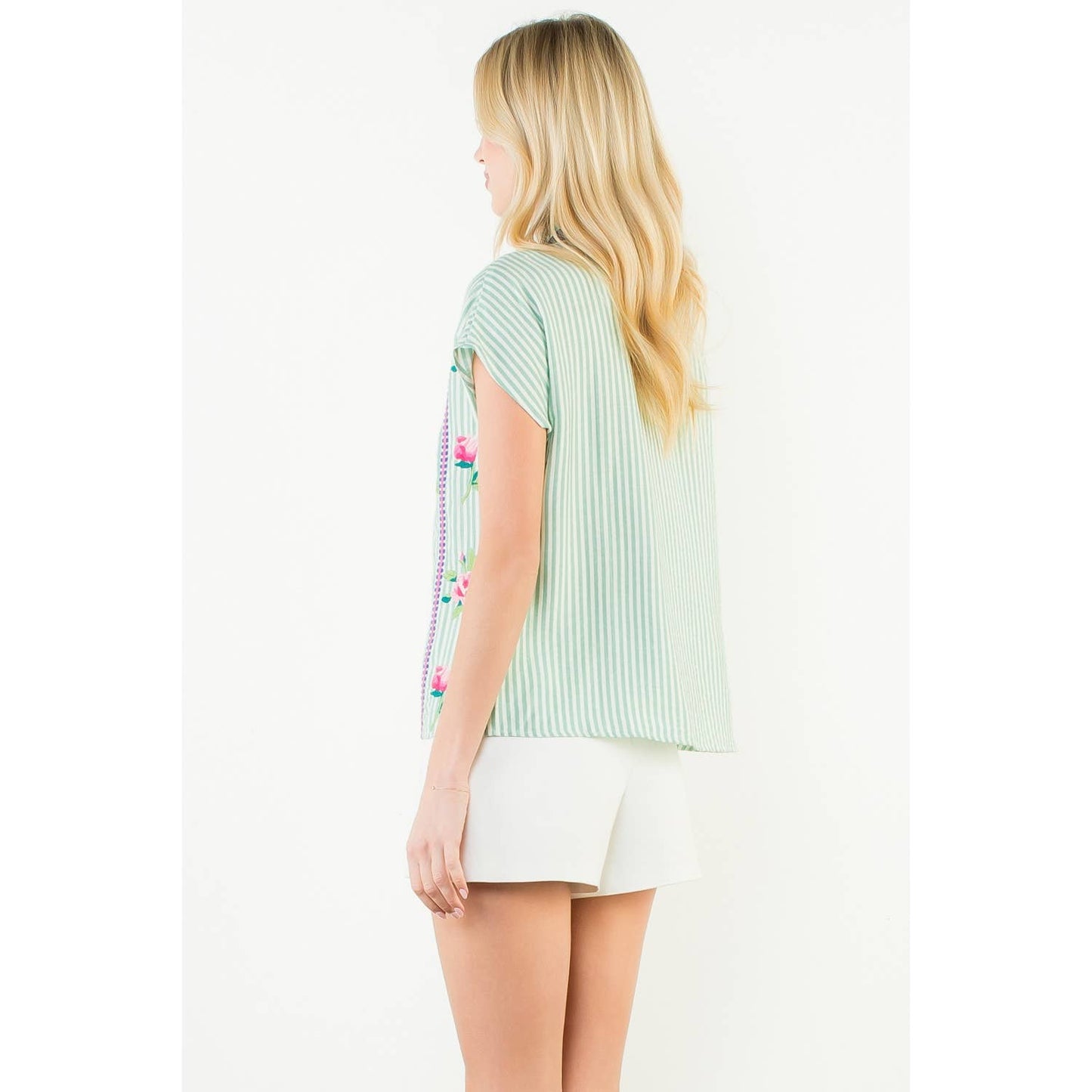 Embroidered Stripe V-Neck Top
