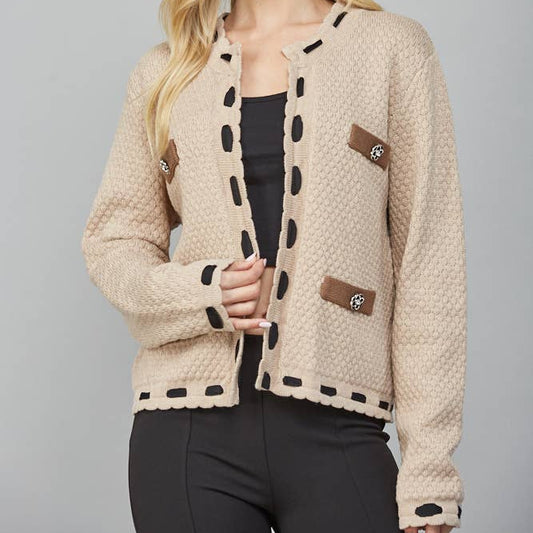 Webbing Ribbon Trimmed Open Cardigan