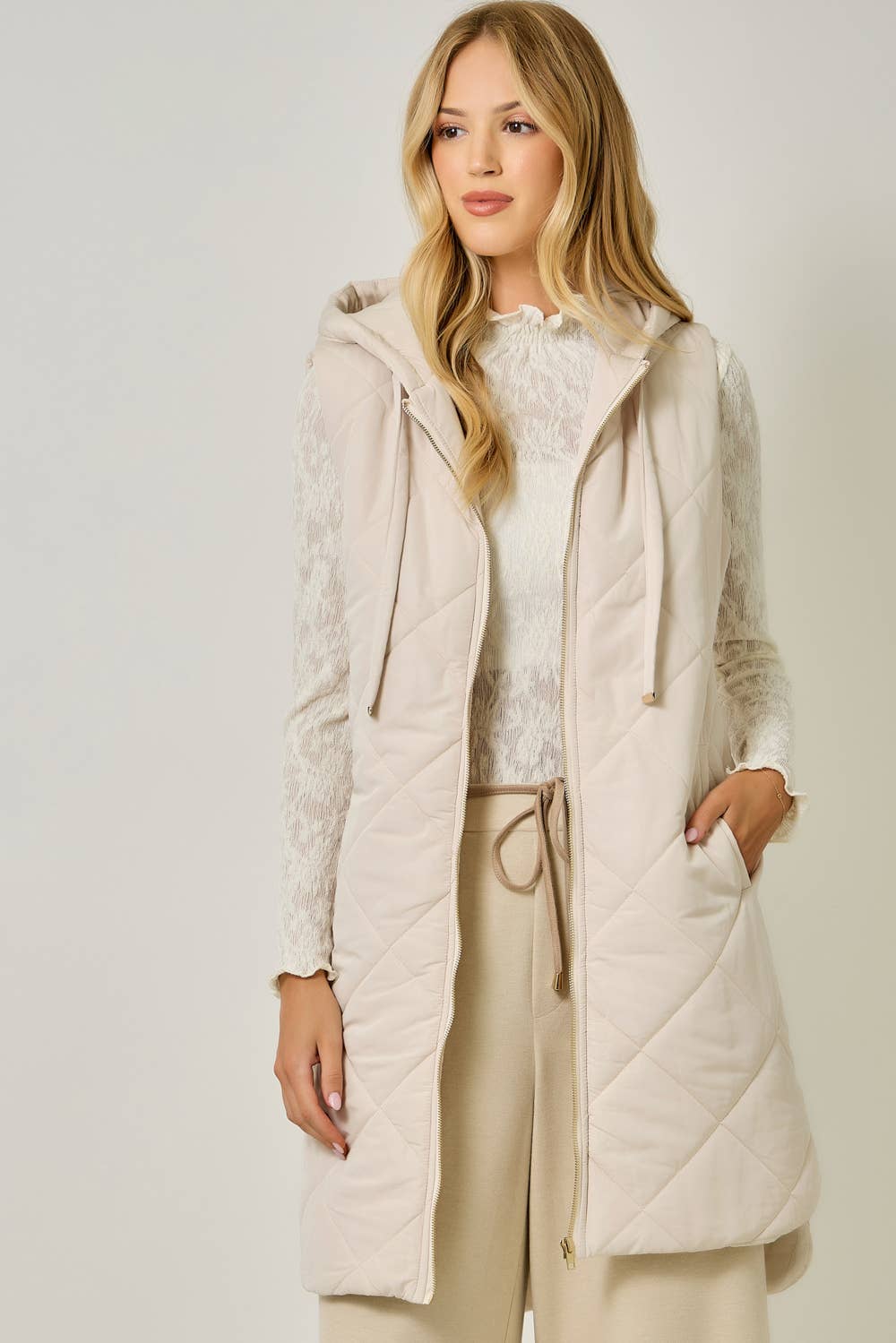 Quilted Puffer Long Hoodie Vest