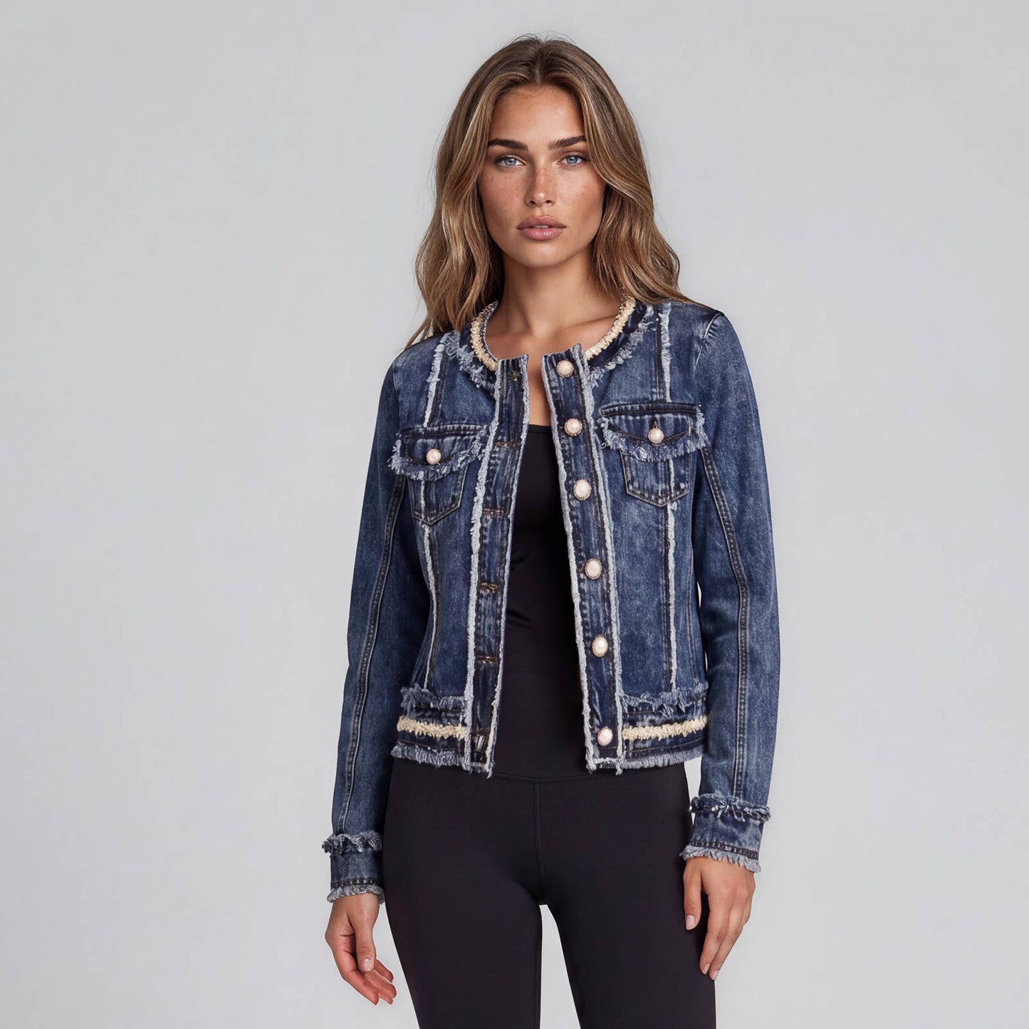 BSAD21 Frayed Denim Jacket with Pearl Trim