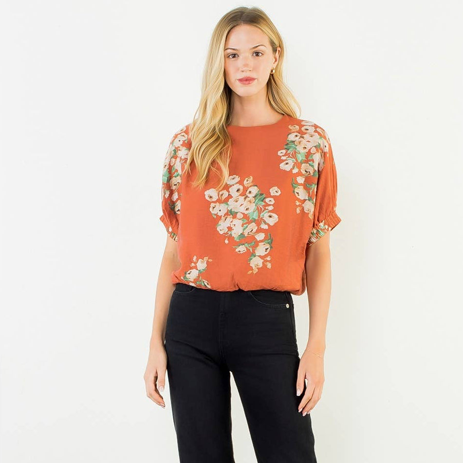 Orange Short Sleeve Loose Floral Top