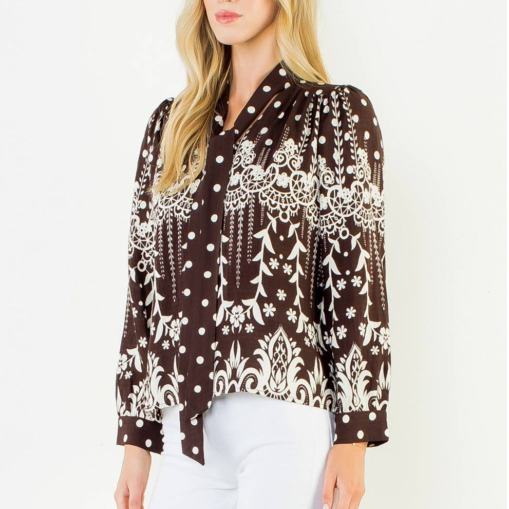 Tie Neck Long Sleeve Pattern Detail Top