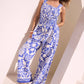Border Print Button Front Jumpsuit with Belt