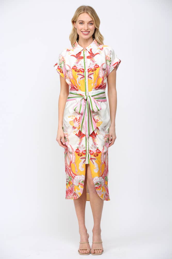 BOTANIC SCARF PRINT SELF TIE WAIST BUTTON DOWN DRESS