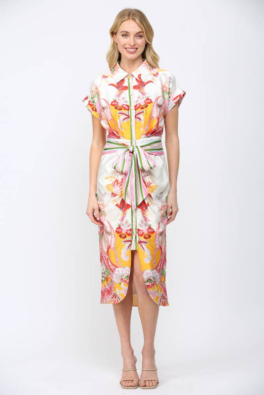 BOTANIC SCARF PRINT SELF TIE WAIST BUTTON DOWN DRESS