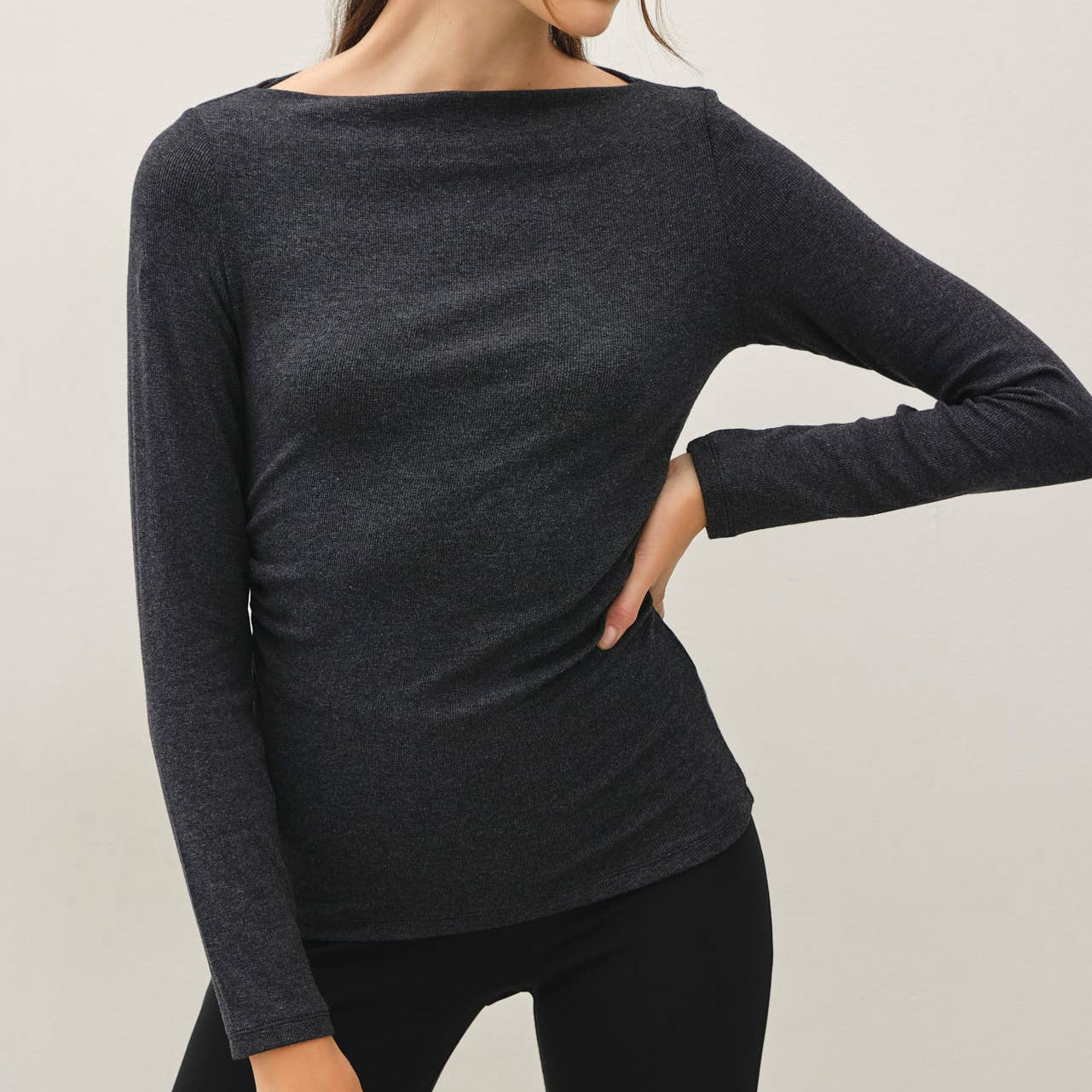 Modal Ribbed Boat Neck Shirred Waist Top