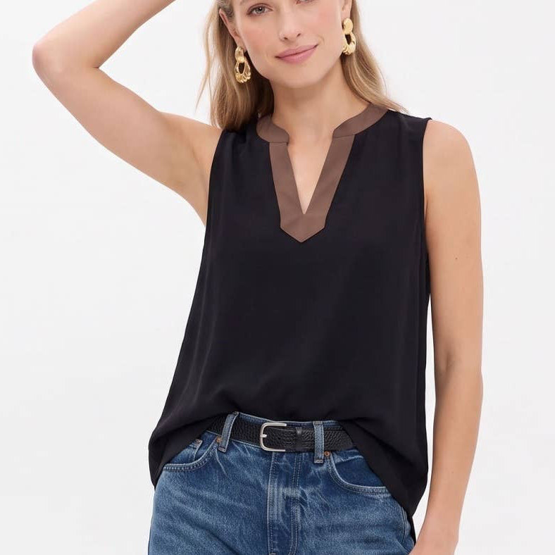 Contrast Trim Split Neck Sleeveless Top