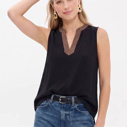 Contrast Trim Split Neck Sleeveless Top