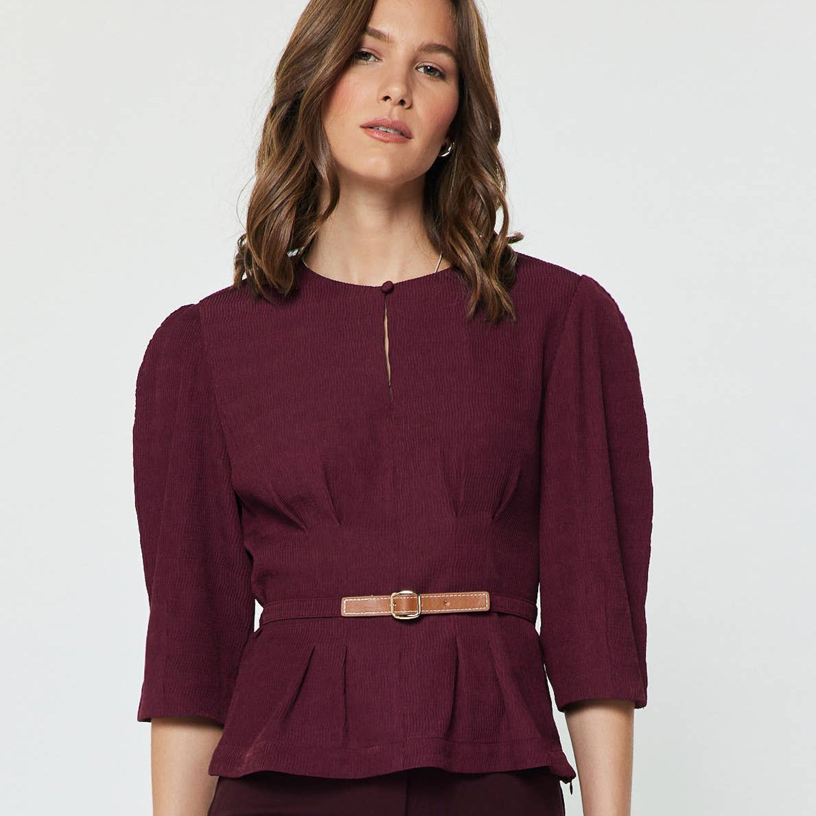Textured Belted 3/4 Sleeve Top
