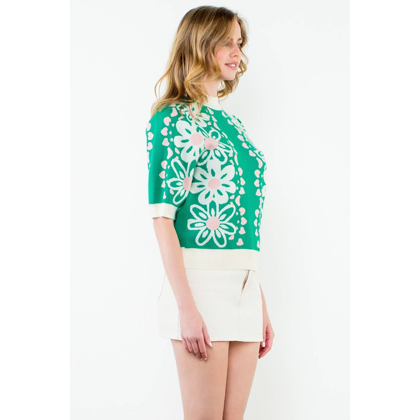 Flower Knit Sweater Top: GREEN / XS