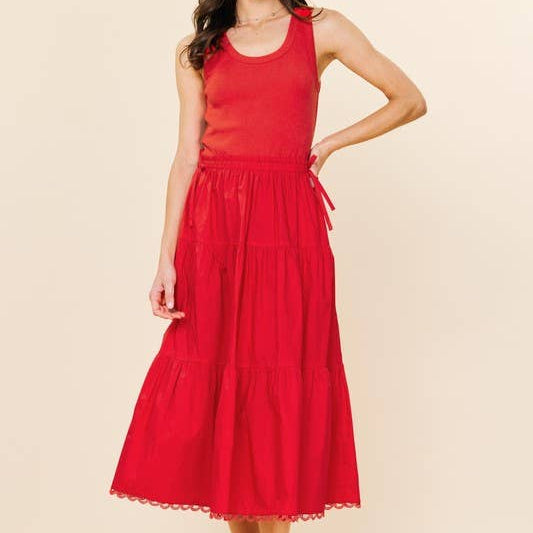 Red Sleeveless Knit Tank Poplin Skirt Dress