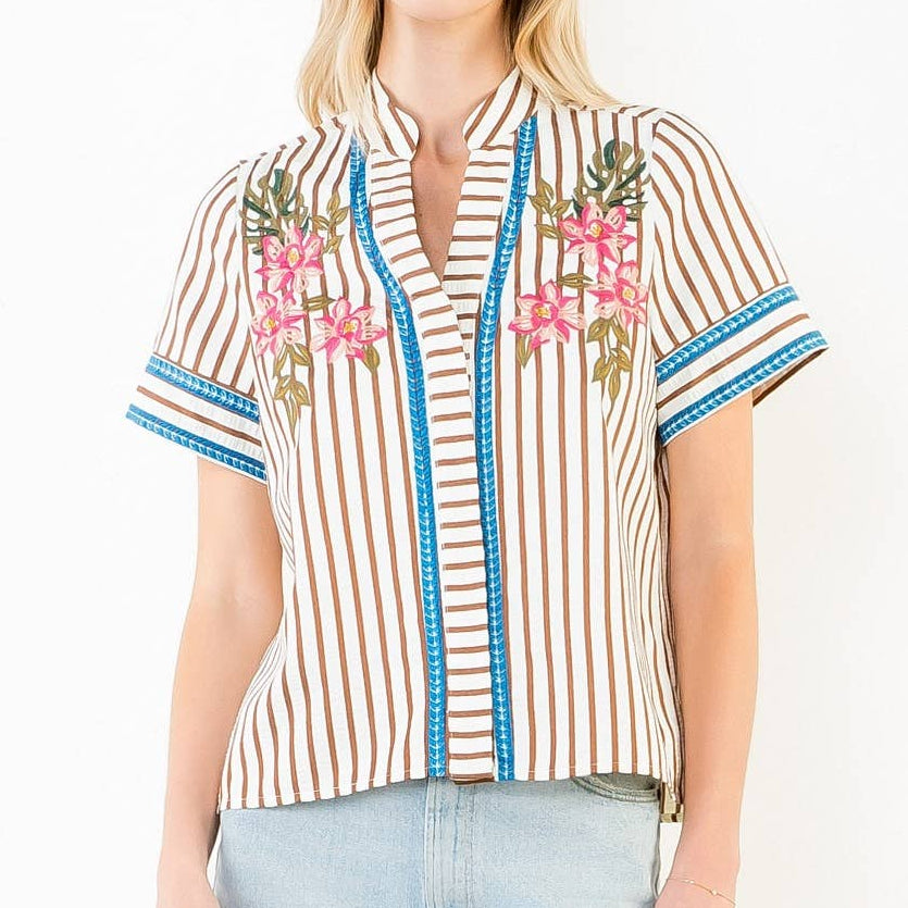 Striped Floral Embroidery Top