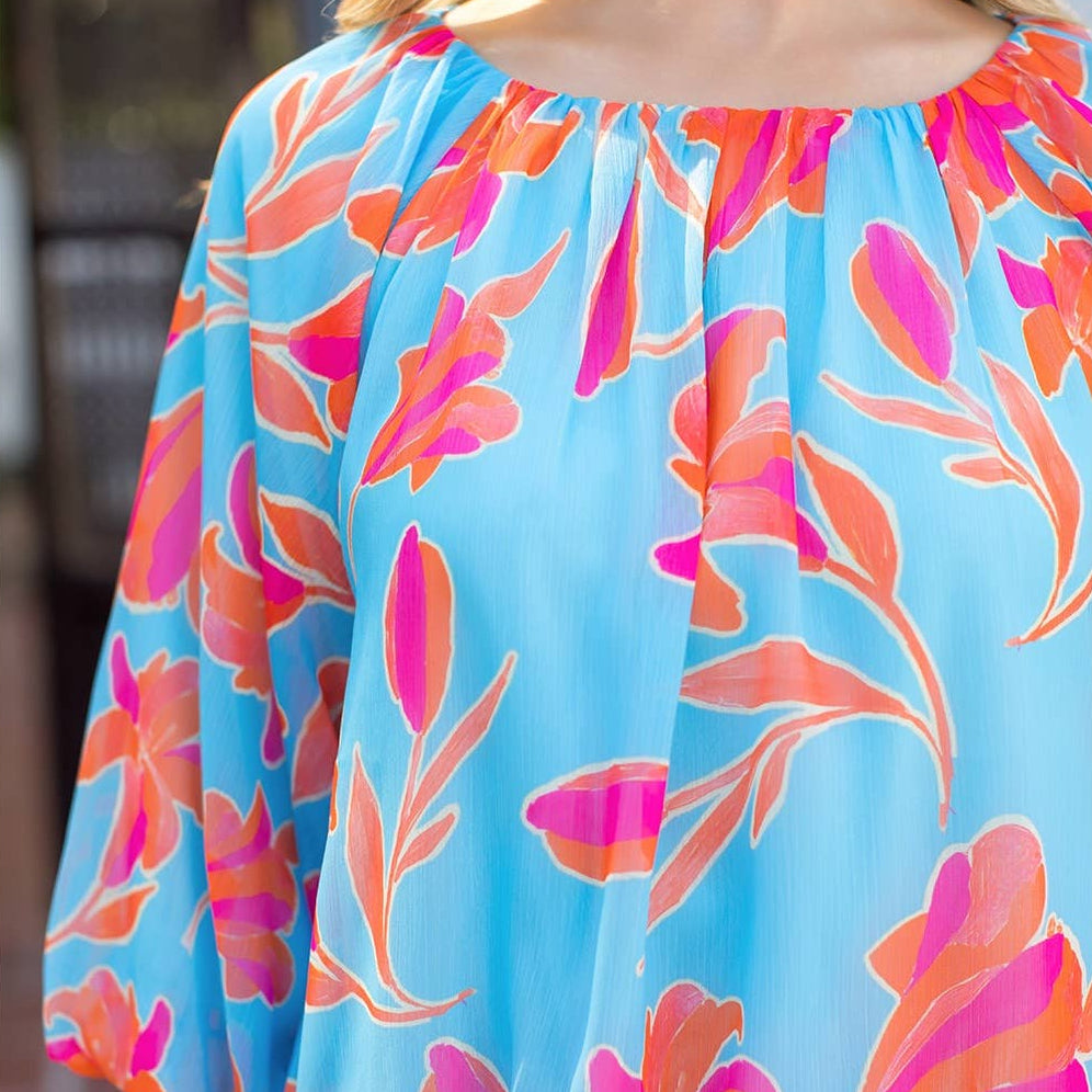 Blue Puff Sleeve Flowy Flower Blouse