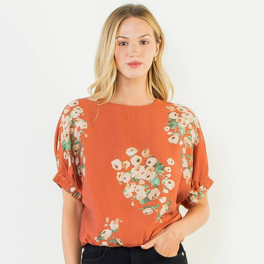 Orange Short Sleeve Loose Floral Top