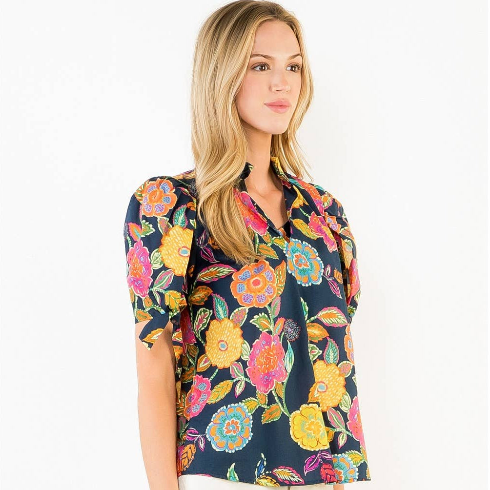 Short Sleeve Navy Floral Pattern V-Neck Top