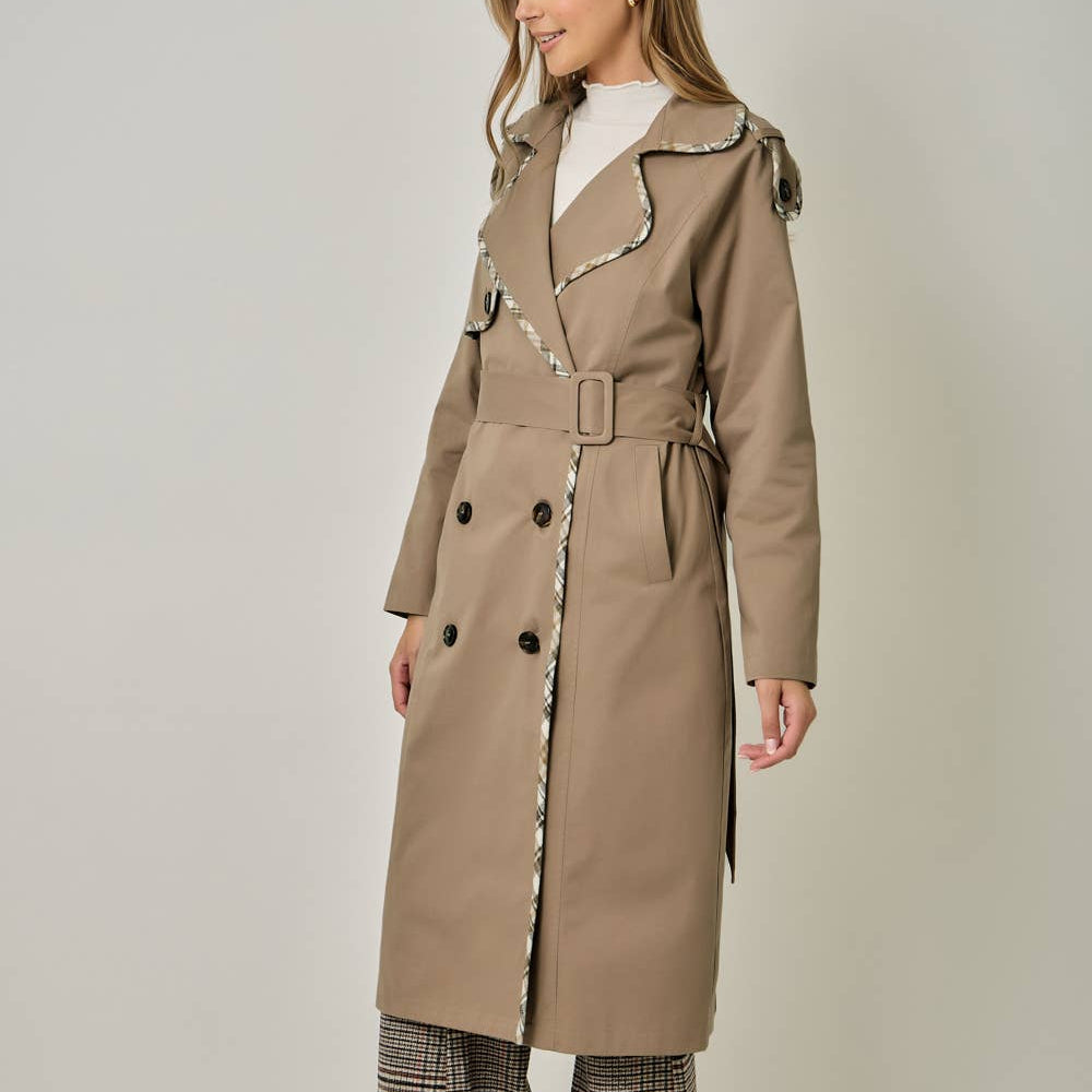 Plaid Trim Midi Trench Coat