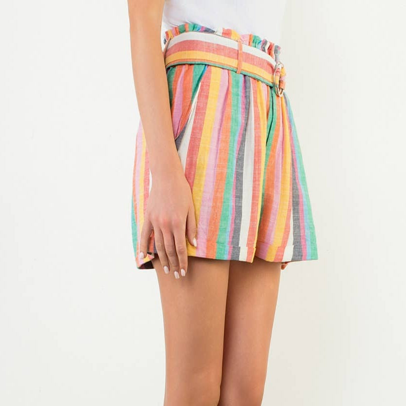 Pink Multicolor High Waist Stripe Shorts with Waist Tie
