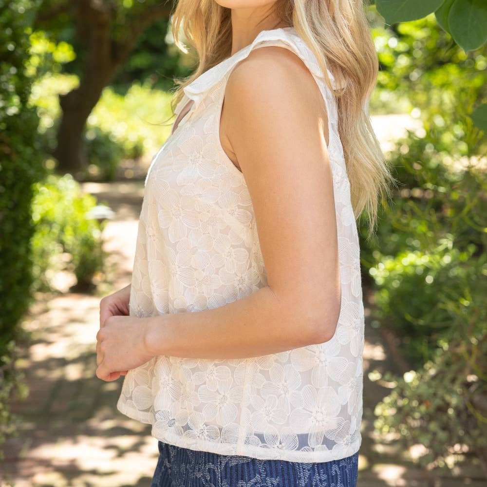 Ivory Sleeveless Ruffled V-Neck Floral Lace Top