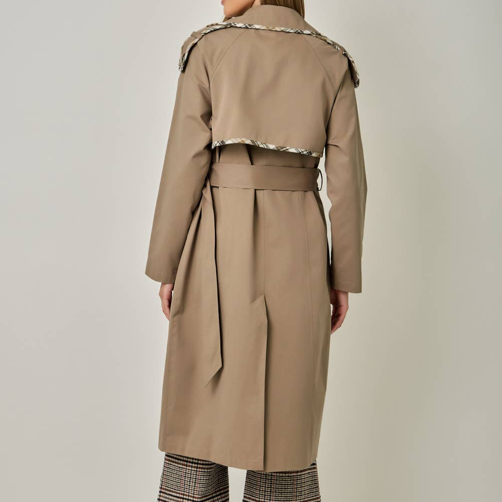 Plaid Trim Midi Trench Coat