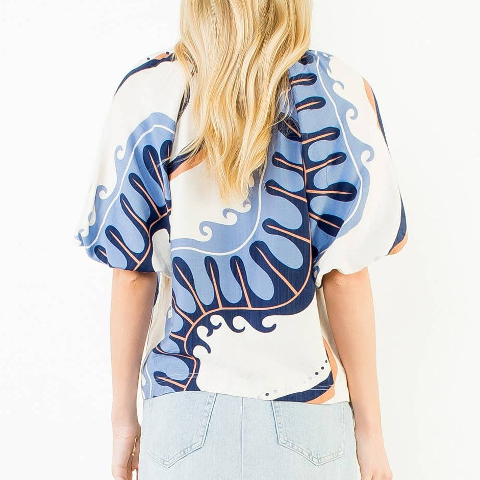 Abstract Print Top With Puff Sleeves