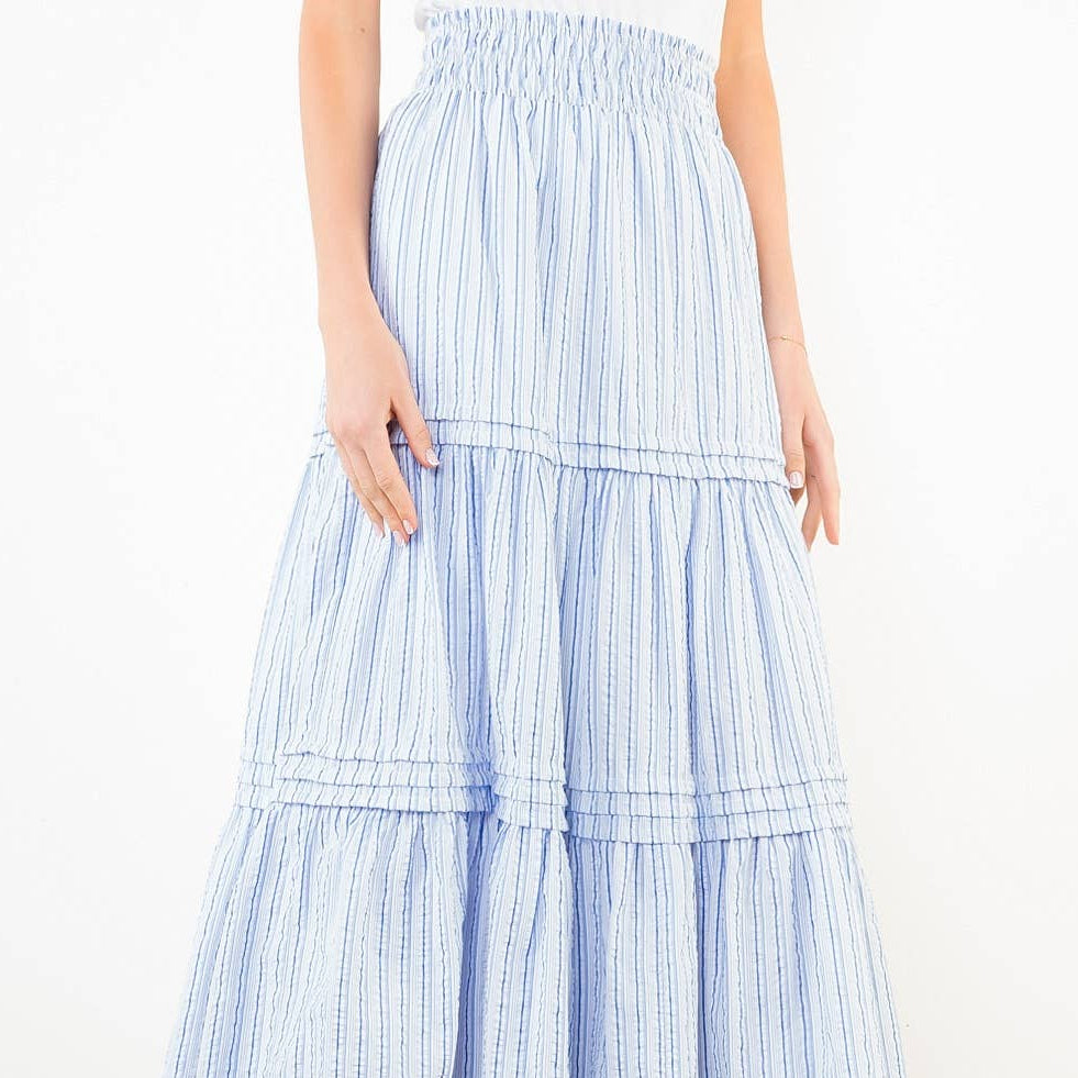Blue Textured Striped Tiered Skirt