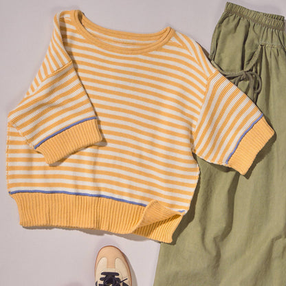 Yellow Striped Contrast Trim Sweater Tee