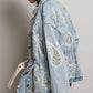 Waist Defining Embroidery Roomy Fit Denim Jacket